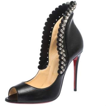 Pre Owned Christian Louboutin Black Leather Embellished Peep Toe Pijonina Pumps Size 36.5