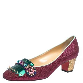 Pre Owned Christian Louboutin Pink/Green Glitter Fabric And Patent Oaxacana Pumps Size 39.5