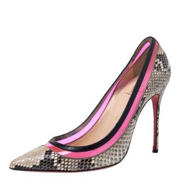 Pre Owned Christian Louboutin Beige/Black Python/Leather and PVC Paulina Pointed Toe Pumps Size 39