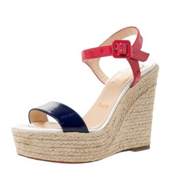 Pre Owned Christian Louboutin Tricolor Patent Leather Spachica Espadrille Wedge Sandals Size 37