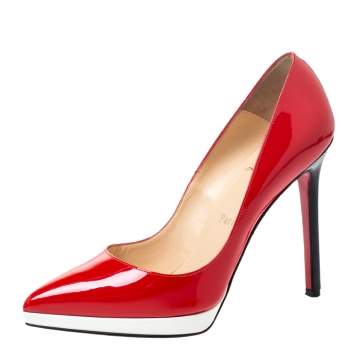 Pre Owned Christian Louboutin Cherry Red/White Patent Leather Decollete Platform Pointed Toe Pumps Size 36.5