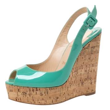 Pre Owned Christian Louboutin Florescent Green Patent Leather Une Plume Peep Toe Slingback Cork Wedges Size 38.5
