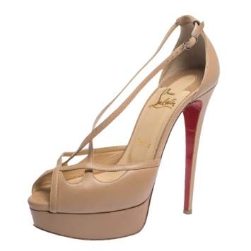Pre Owned Christian Louboutin Beige Leather Strappy Platform Sandals Size 38.5