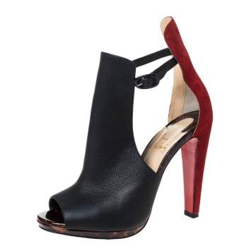 Pre Owned Christian Louboutin Black Leather and Suede Barabara Cutout Ankle Boots Size 38
