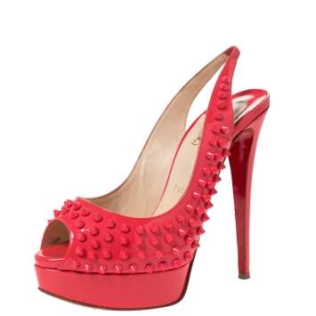 Pre Owned Christian Louboutin Crimson Pink Patent Leather Lady Peep Spiked Platform Sandals Size 38.5