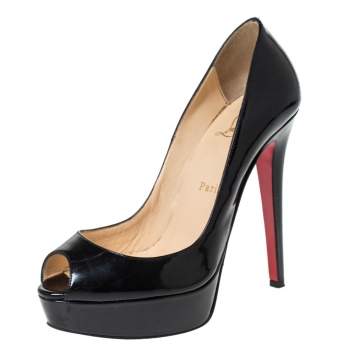 Pre Owned Christian Louboutin Black Patent Leather Lady Peep Toe Platform Pumps Size 37