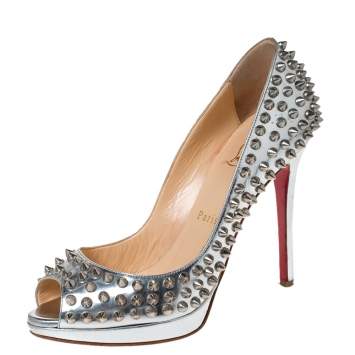 Pre Owned Christian Louboutin Silver Leather Yolanda Spikes Peep Toe Pumps Size 37