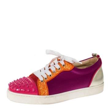 Pre Owned Christian Louboutin Multicolor Satin And Patent Leather Louis Junior Spikes Sneakers Size 39