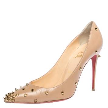 Pre Owned Christian Louboutin Beige Leather Degraspike Pointed Toe Pumps Size 40.5