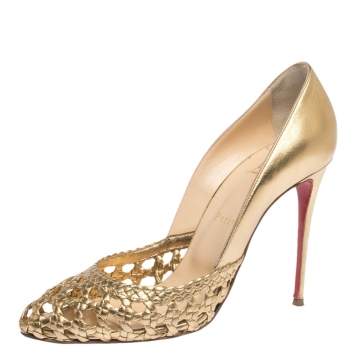 Pre Owned Christian Louboutin Gold Woven Leather Altressita Pumps Size 39