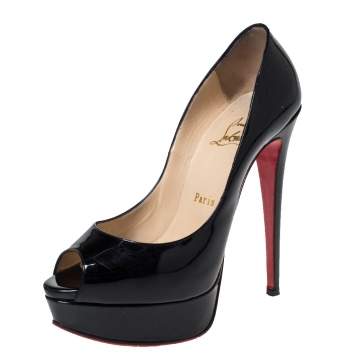 Pre Owned Christian Louboutin Black Patent Leather Lady Peep Toe Platform Pumps Size 36