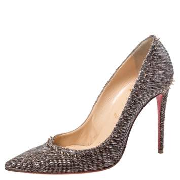 Pre Owned Christian Louboutin Silver/Brown Lame Fabric Anjalina Pointed Toe Pumps Size 37