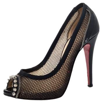 Pre Owned Christian Louboutin Black Mesh And Patent Leather Spiked Shawnita Peep Toe Pumps Size 37.5 