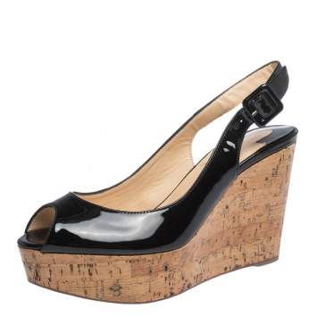 Pre Owned Christian Louboutin Black Patent Leather Une Plume Peep Toe Slingback Cork Wedges Size 36