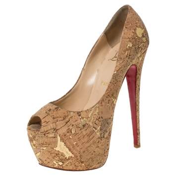 Pre Owned Christian Louboutin Beige Cork Highness Peep Toe Platform Pumps Size 38.5
