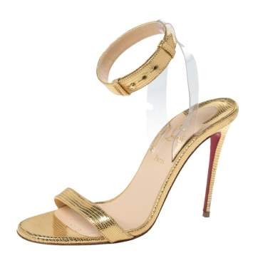 Pre Owned Christian Louboutin Gold Lizard Embossed Leather And PVC Jonatina Sandals Size 37.5