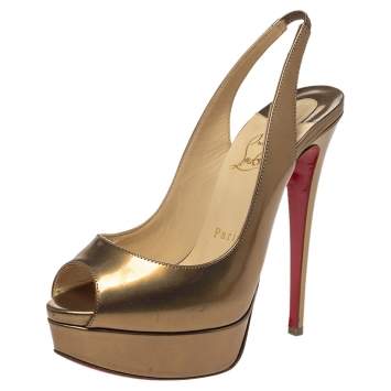 Pre Owned Christian Louboutin Metallic Bronze Leather Lady Peep Toe Platform Slingback Sandals Size 37.5