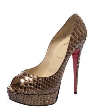 Pre Owned Christian Louboutin Brown Python Lady Peep Toe Platform Pumps Size 39.5