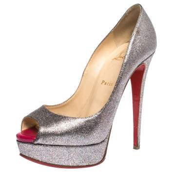 Pre Owned Christian Louboutin Multicolor Glitter Lady Peep Toe Platform Pumps Size 38.5