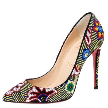 Pre Owned Christian Louboutin Multicolor Floral Beaded Fabric Miss Taos Pumps Size 37