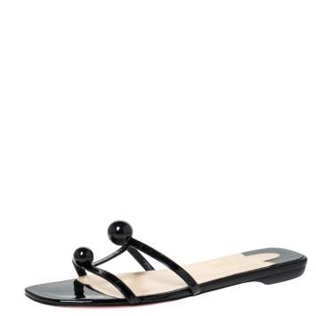 Pre Owned Christian Louboutin Black Patent Leather Atonetta Strappy Flats Size 40