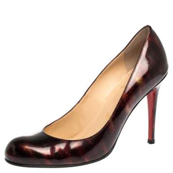 Pre Owned Christian Louboutin Black/Burgundy Glitter Patent Simple Pumps Size 39