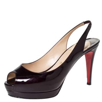 Pre Owned Christian Louboutin Dark Burgundy Patent Leather Lady Peep Platform Slingback Sandals Size 37.5