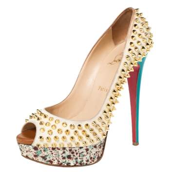Pre Owned Christian Louboutin Multicolor Lady Peep Toe Spikes Platform Pumps Size 38.5