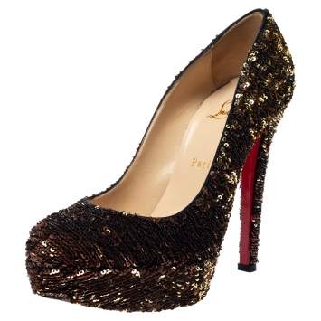 Pre Owned Christian Louboutin Brown Sequin Bianca Platform Pumps Size 39.5