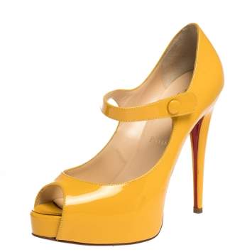 Pre Owned Christian Louboutin Yellow Leather Zeppa Mary Jane Peep Top Platform Pumps Size 38.5
