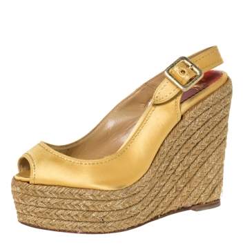 Pre Owned Christian Louboutin Gold Satin Menorca Espadrille Wedge Sandals Size 36