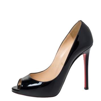Pre Owned Christian Louboutin Black Patent Leather New Very Prive Peep Toe Pumps Size 37.5