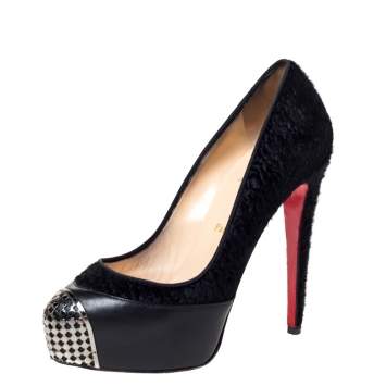 Pre Owned Christian Louboutin Black Calf Hair and Leather Maggie Embellished Cap Toe Platform Pumps Size 38