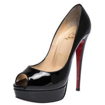 Pre Owned Christian Louboutin Black Patent Leather Lady Peep Toe Platform Pumps Size 38.5