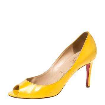 Pre Owned Christian Louboutin Yellow Patent Flo Peep Toe Pumps Size 39