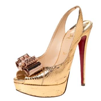 Pre Owned Christian Louboutin Metallic Gold Python Embossed Leather Lady Clou Platform Slingback Sandals Size 39