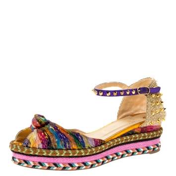 Pre Owned Christian Louboutin Multicolor Fabric And Raffia Spike Madcarina Espadrille Sandals Size 40
