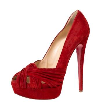 Pre Owned Christian Louboutin Red Suede Leather Platform Cut Out Open Toe Pumps Size 39