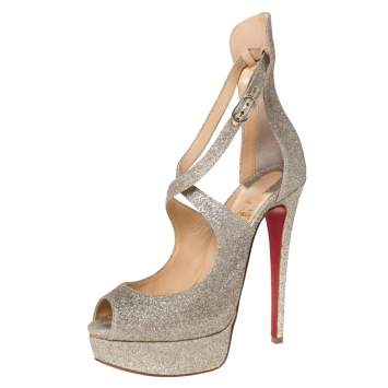 Pre Owned Christian Louboutin Silver Glittered Marlenalta Platform Sandals Size 36.5