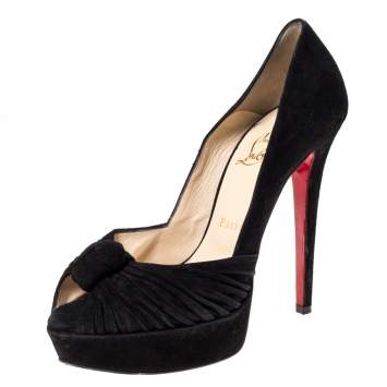 Pre Owned Christian Louboutin Black Suede Jenny Platform Knot Peep Toe Pumps Size 37.5