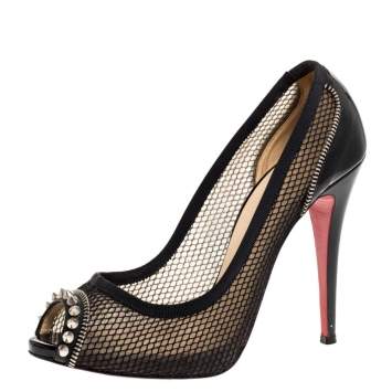 Pre Owned Christian Louboutin Black Mesh And Patent Leather Spiked Shawnita Peep Toe Pumps Size 40