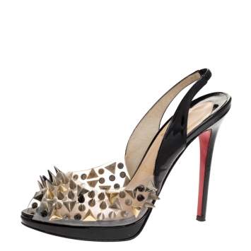 Pre Owned Christian Louboutin Black Patent And PVC Pik Pik Pik Slingback Sandals Size 38.5