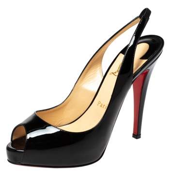 Pre Owned Christian Louboutin Black Patent Leather Private Number Peep Toe Slingback Sandals Size 37.5