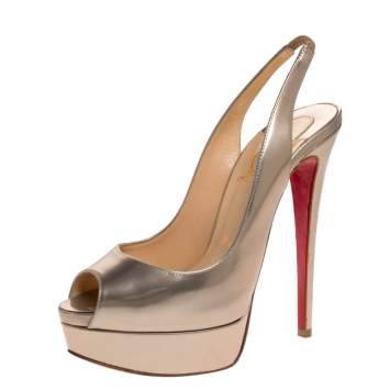 Pre Owned Christian Louboutin Light Gold Leather Lady Peep Slingback Pumps Size 37