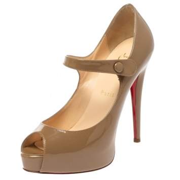 Pre Owned Christian Louboutin Beige Patent Leather Jane Vendome Platform Pumps Size 38