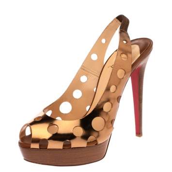 Pre Owned Christian Louboutin Bronze Leather Ginza Platform Slingback Sandals Size 39.5
