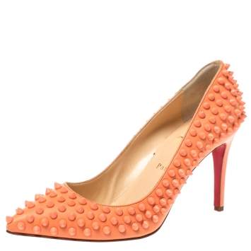 Pre Owned Christian Louboutin Orange Leather Pigalle Spikes Pumps Size 39