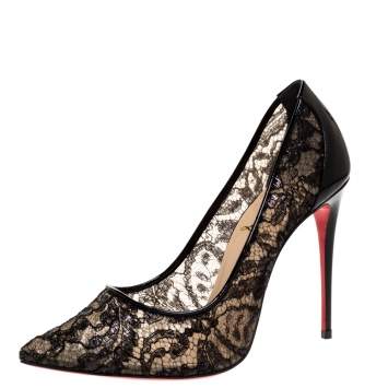 Pre Owned Christian Louboutin Black Patent Leather And Lace Follies Pumps Size 38.5
