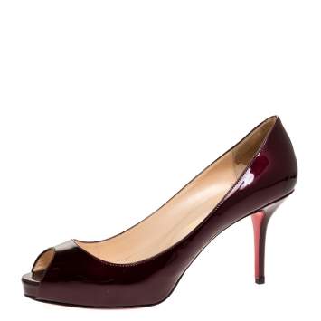 Pre Owned Christian Louboutin Dark Burgundy Patent Leather Prive Peep Toe Pumps Size 39.5