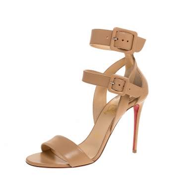 Pre Owned Christian Louboutin Beige Leather Multipot Ankle Strap Sandals Size 37.5